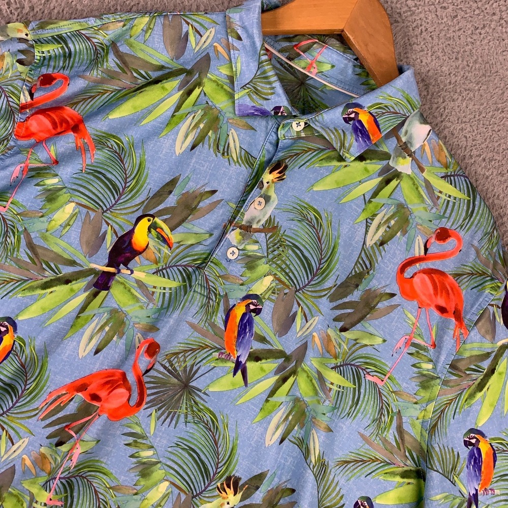 Johnnie-O Polo Shirt Men's XL Neptune Stretch Golf Tropical Birds AOP Resortwear